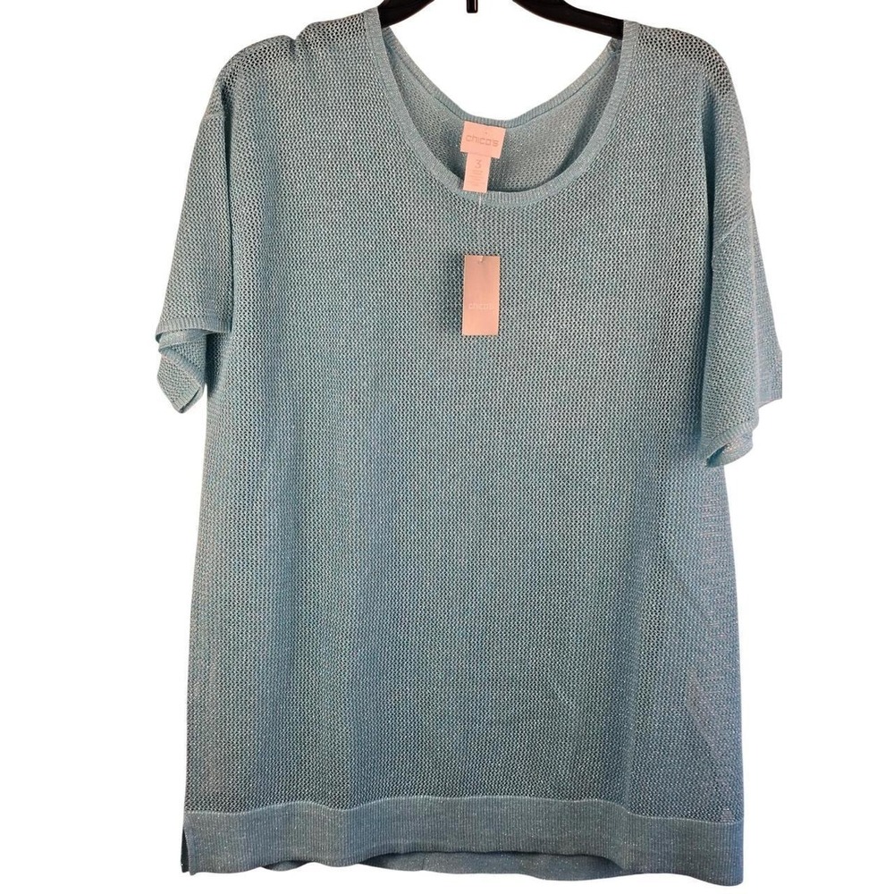 Chicos Milo Mesh Pullover Sweater Aqua Breeze Blue Metallic Knit Top Size 3